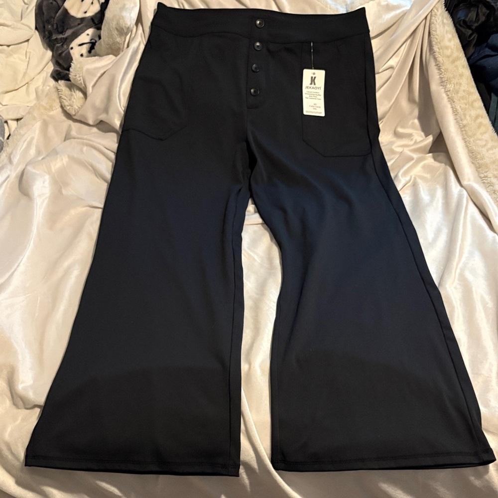 Wide-Leg Button-Front Black Trousers